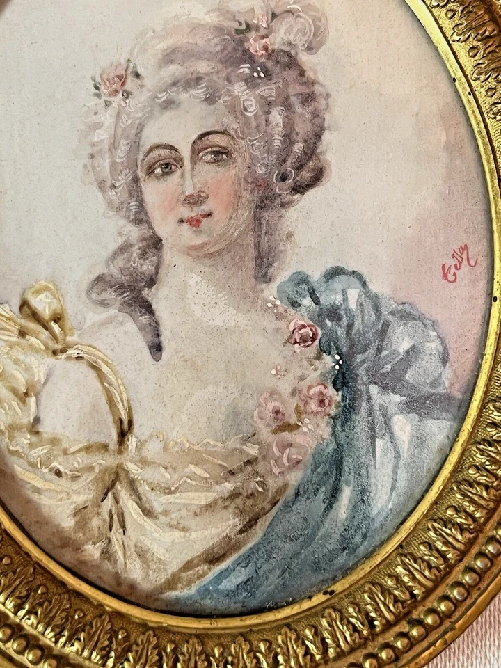 Miniatura firmada victoriana francesa retrato de una mujer con marco de bronce dorado 19c Foto 4 de 4