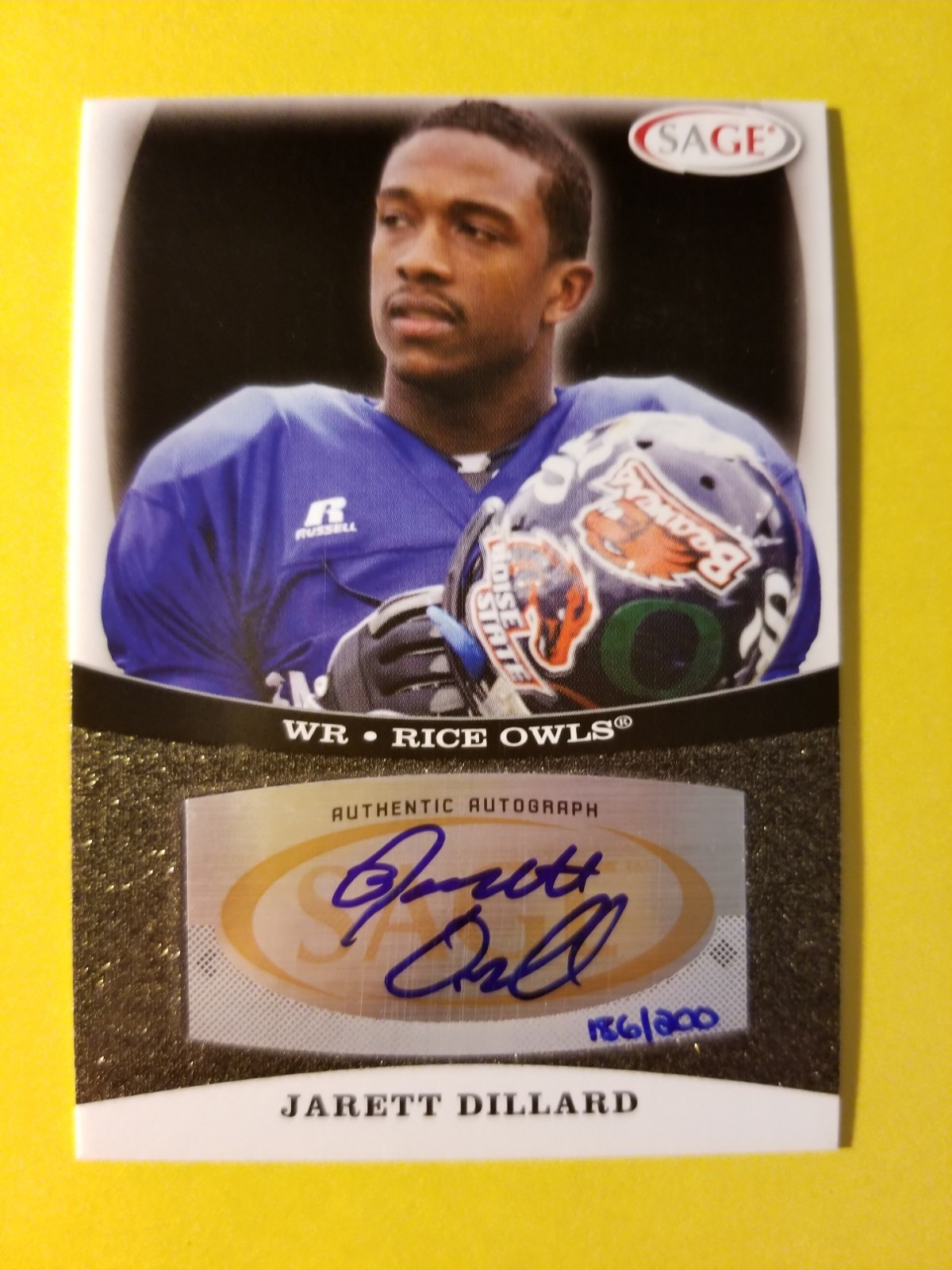 JARETT DILLARD * 186/200 * RC ROOKIE AUTO AUTOGRAPH #A14 RICE OWLS 2009 SAGE