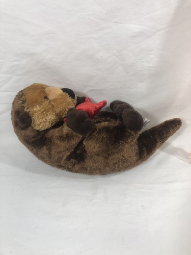 Aurora Sea Otter Brown Holding Red Starfish Toy Plush Stuffed Animal 9” Long T15 - Picture 2 of 4