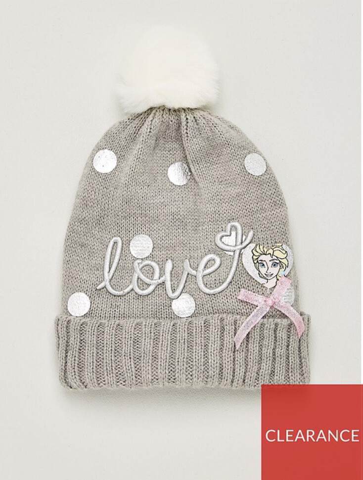 Girls Kids Disney Frozen Pom Pom Beanie Wolley Hat ‘Love’ Elsa Bow 52cm
