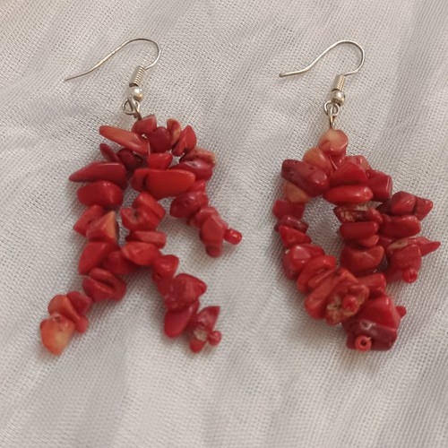 Genuine Natural Red Coral Chip Dangle Earrings Silver Tone Boho VintageChunky