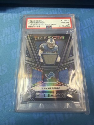 2023 Panini Obsidian - Trifecta Swatches Jahmyr Gibbs #TRI-JGI /75 (MEM, RC)