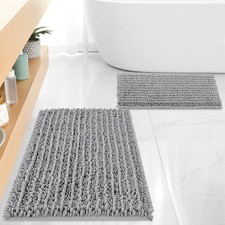 Grey Chenille Bathroom Rug Set 2-Piece 17x24" 32x20" Non-Skid Washable