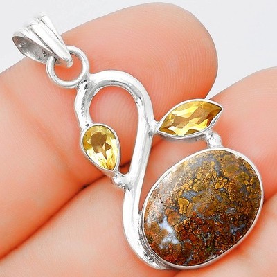 Natürlicher roter Moosachat & Citrin 925 Sterlingsilber Anhänger Schmuck P-1379