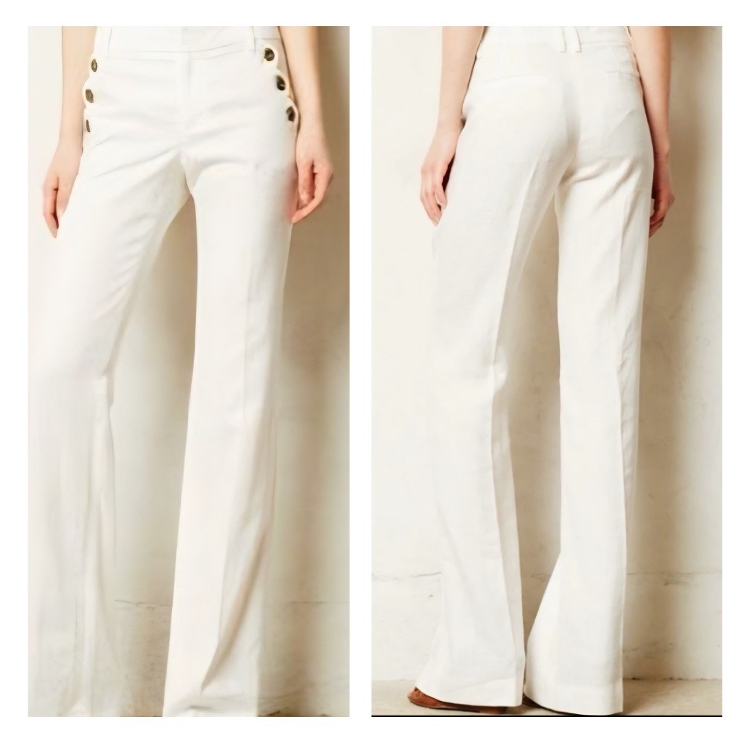 Elevenses Anthropologie Off-White Linen Wide Leg Pants Coastal Nautical Size 4