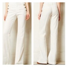 Elevenses Anthropologie Off-White Linen Wide Leg Pants Coastal Nautical Size 4