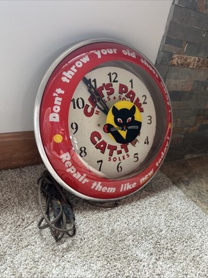 1940s Cats Paw Cat Tex Soles Lighted Advertising Clock - Works!!