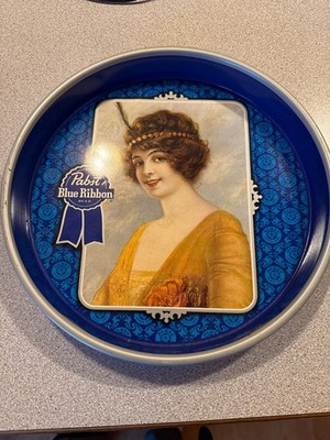 VINTAGE PABST BLUE RIBBON PBR METAL BAR BEER TRAY FLAPPER GIRL P-1489 13''