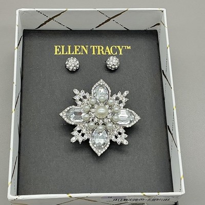 Ellen Tracy Brooch Earrings Set Silver Tone White Pearl Rhinestone Gift Boxed