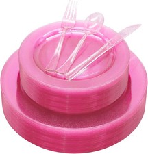 125 PCS Hot Pink Plastic Plates with Pink Plastic Silverware include 25 Dinner