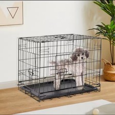 Double Door Folding Metal Wire Dog Cage with Plastic Leak-Proof Pan Tray Travel