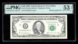 1990 USA $100 Federal Reserve Note DALLAS PMG 53 EPQ