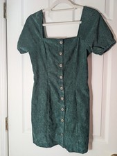 Urban Outfitters Green Strechy Corduroy Button Front Puff Sleeve Dress Small