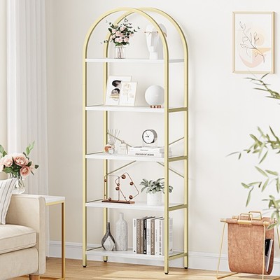 Book Storage Rack Bookshelf 5-Tier Metal Shelf with Marble Finish Gold Frame 71''