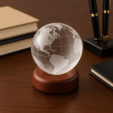 Crystal GLOBE Paperweight Etched World Map W/ Wood Base Desk Office Decor EUC