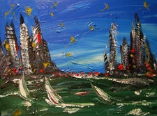 SUPERB SKY CITY  Oil Painting   abstract SIGNED  Original on canvas TEXTURED
