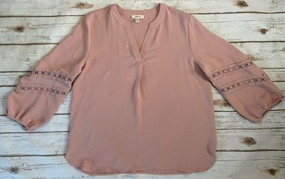 COMO BLU Women's 3/4 Sleeve with Crochet  V-Neck Mauve Blouse Top Size LG