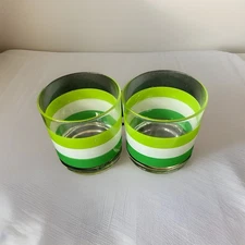 2 Georges Briard Cabana Green Stripe Old Fashioned Whiskey Glasses MCM Signed