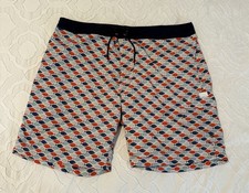 J. Crew Swim Trunks Shorts Adult 35 Red Blue Fish Beach Ocean 8" Surf Full Lined