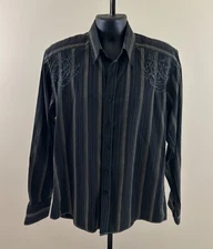 ROAR Mens Large Black Green Striped Cedrick Embroidered Long Sleeve Button Shirt