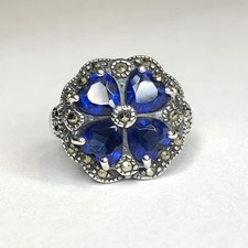 Vintage Sterling Silver Ring Blue Heart Shaped Stones and Marcasite Size 6