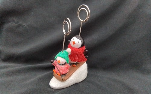 PENGUINS ARTIC BIRDS SLEIGH BUSINESS CARD PLACE SETTING HOLDER VINTAGE CHRISTMAS