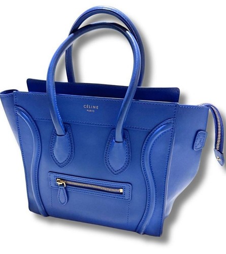 CELINE Luggage Micro Shopper Royal Blue Leather Bag Old Logo Dust Bag Authentic