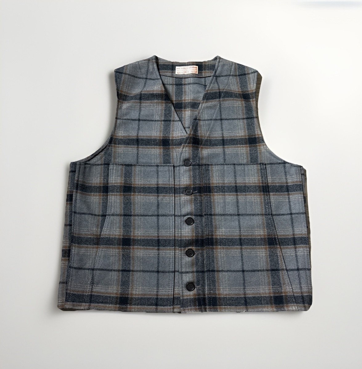 Vintage Filson Mackinaw Wool Vest Mens 44 XL Gray Black Plaid