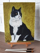 Smoking chat peinture à l'huile originale Pet Art 12 par 9 chat yeux verts ar...