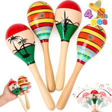 4 PCS Cinco De Mayo 7.6" Wooden Maracas for Kids, Maraca Magic, Wooden Noisemake