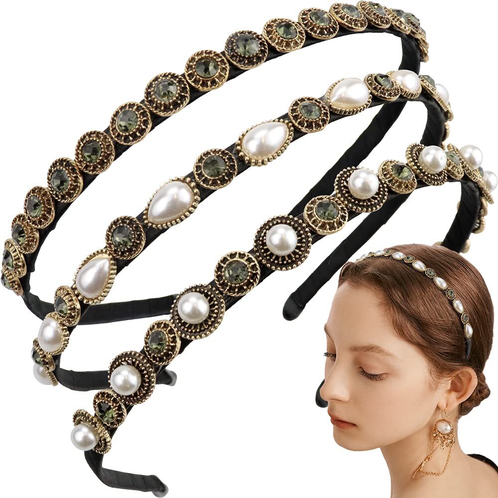 3Pcs Pearls Rhinestones Thin Headbands for Women Girls  display picture 3