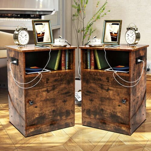 TC-HOMENY Wood Nightstand Set of 2 with Charging Station End Table Night Stand
