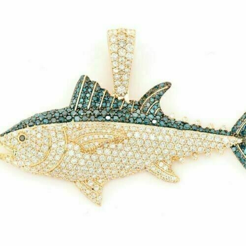 2Ct Emerald/Diamond Bluefin Tuna Fish Pendant 14K Yellow Gold Over Free ...