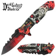 8.5" DARK FANTASY BLADES SKULL PRINTED SPRING ASSISTED FOLDING KNIFE RED