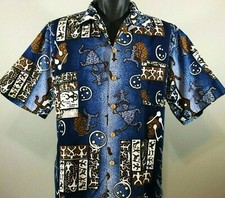 Vintage 60s KAMEHAMEHA Hawaiian Shirt Size L Loop Collar Blue Primitive Print