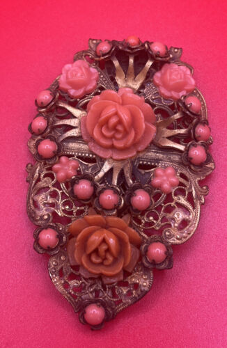 Vintage Art Nouveau Carved Coral or Celluloid Rose