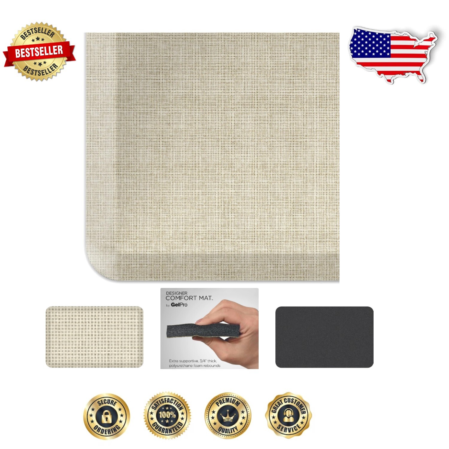 Cushioned Non-Slip Standing Desk Mat in Tweed Antique White – 3/4