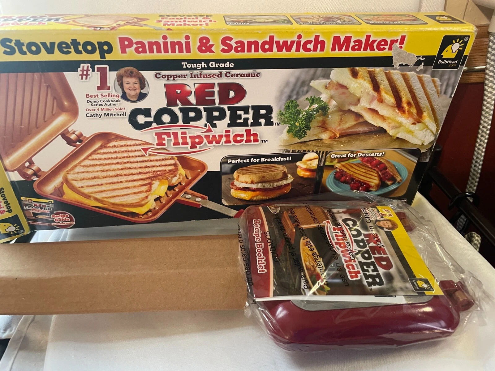 New open box Red Copper Flipwich Non-Stick Stovetop Panini & Sandwich Maker
