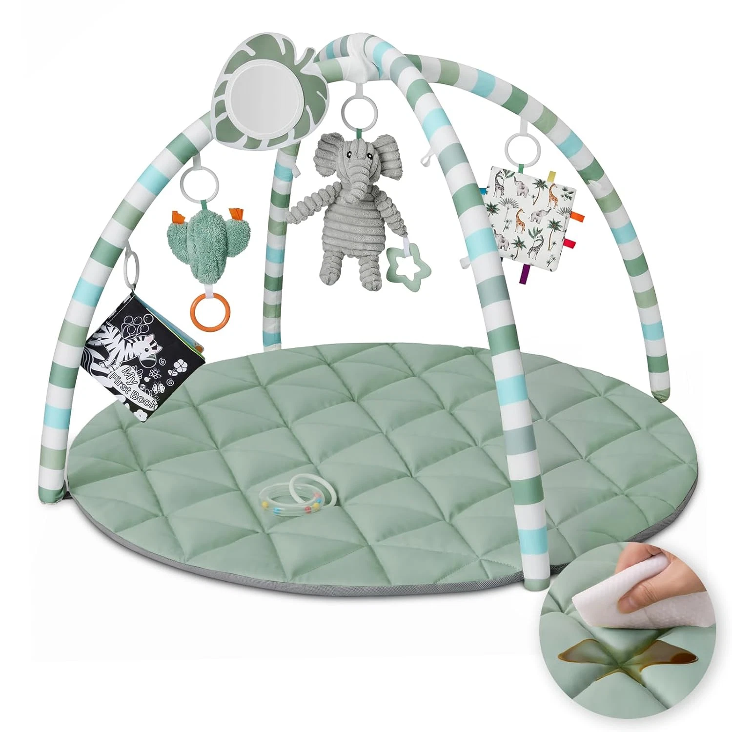 Waterproof Baby Play Gym Mat with 6 Detachable Toys, Sage Green