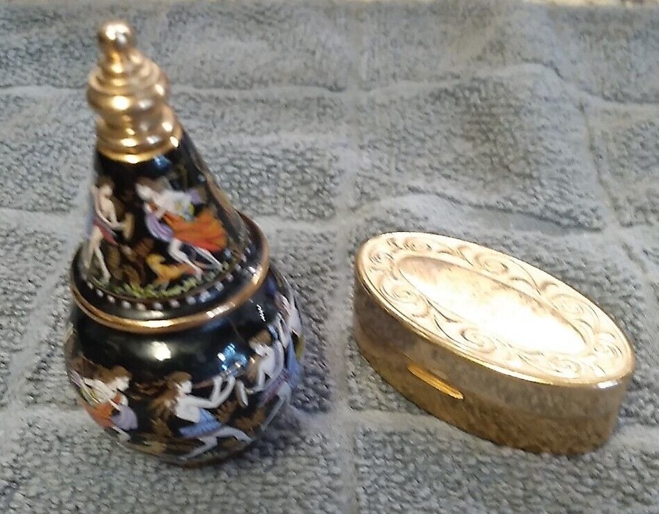 Vintage Max Factor Lipstick Case & Greek Hand Painted Enamel Perfume