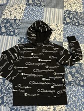 Youth Champion Size Medium Hoodie Black All Over Logo Print