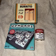 Board Game Lot Bundle - upwords, alphabet dice game and throw throw the burrito 