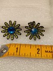 Rare Vintage 1960 Capri Signed Clip-on Rhinestone Earrings Green & Blue Daisies  — photo 3