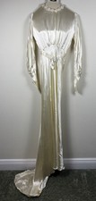 VTG 1930s Silk Satin Wedding Dress Bias Cut Bridal Gown Ivory Empire Waist Small