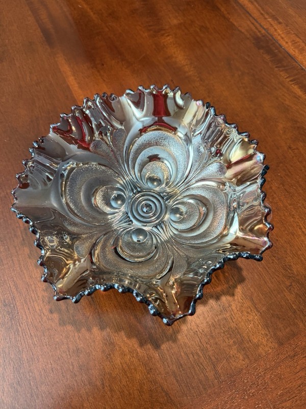 Carnival Glass Decorative Bowl, Iridescent Silver with Ruffled Edge