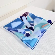 Fused Art Glass Trinket Dish Geometric Square Blue Decor Plate Jewelry Vanity