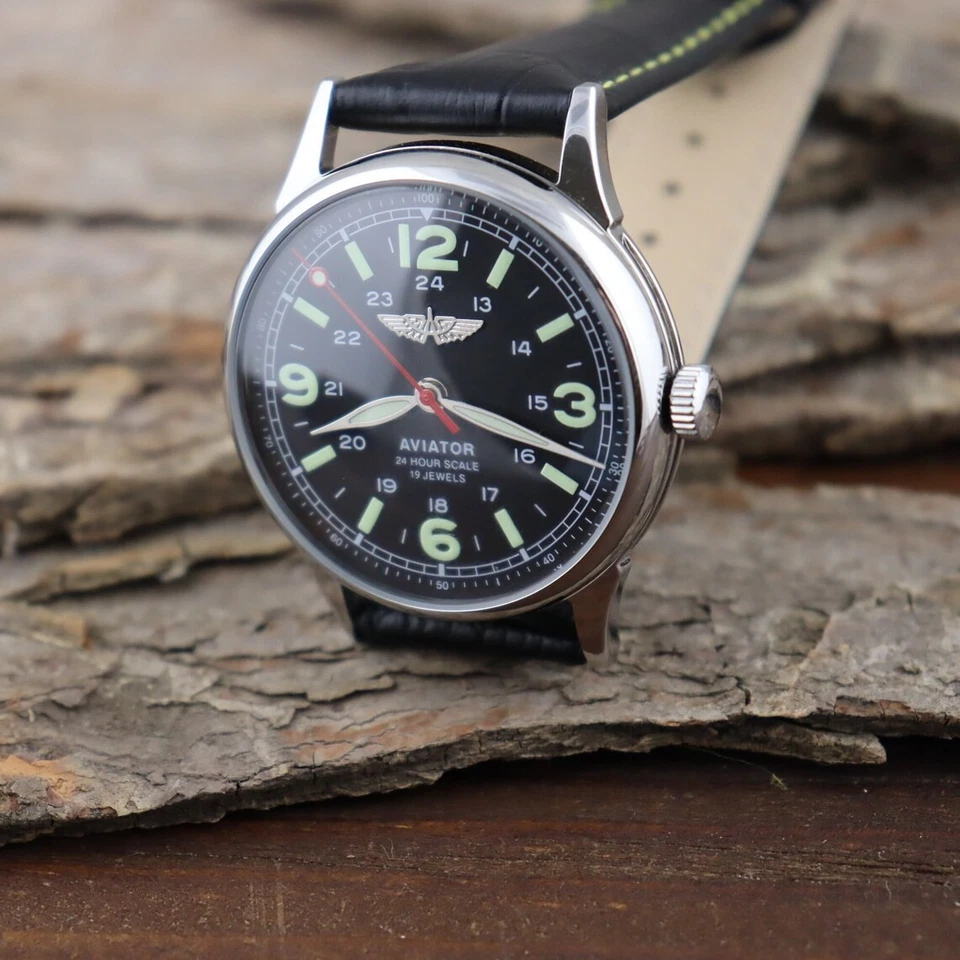 Reloj Mecánico Aviador 17 Joyas Esfera 24 Horas Manecillas Luminosas Nuevo Foto 2 de 4