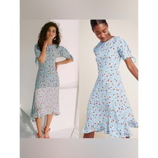NWOT Faithfull the Brand Emilia Midi Dress Blue Floral Tie Sleeve Size 8
