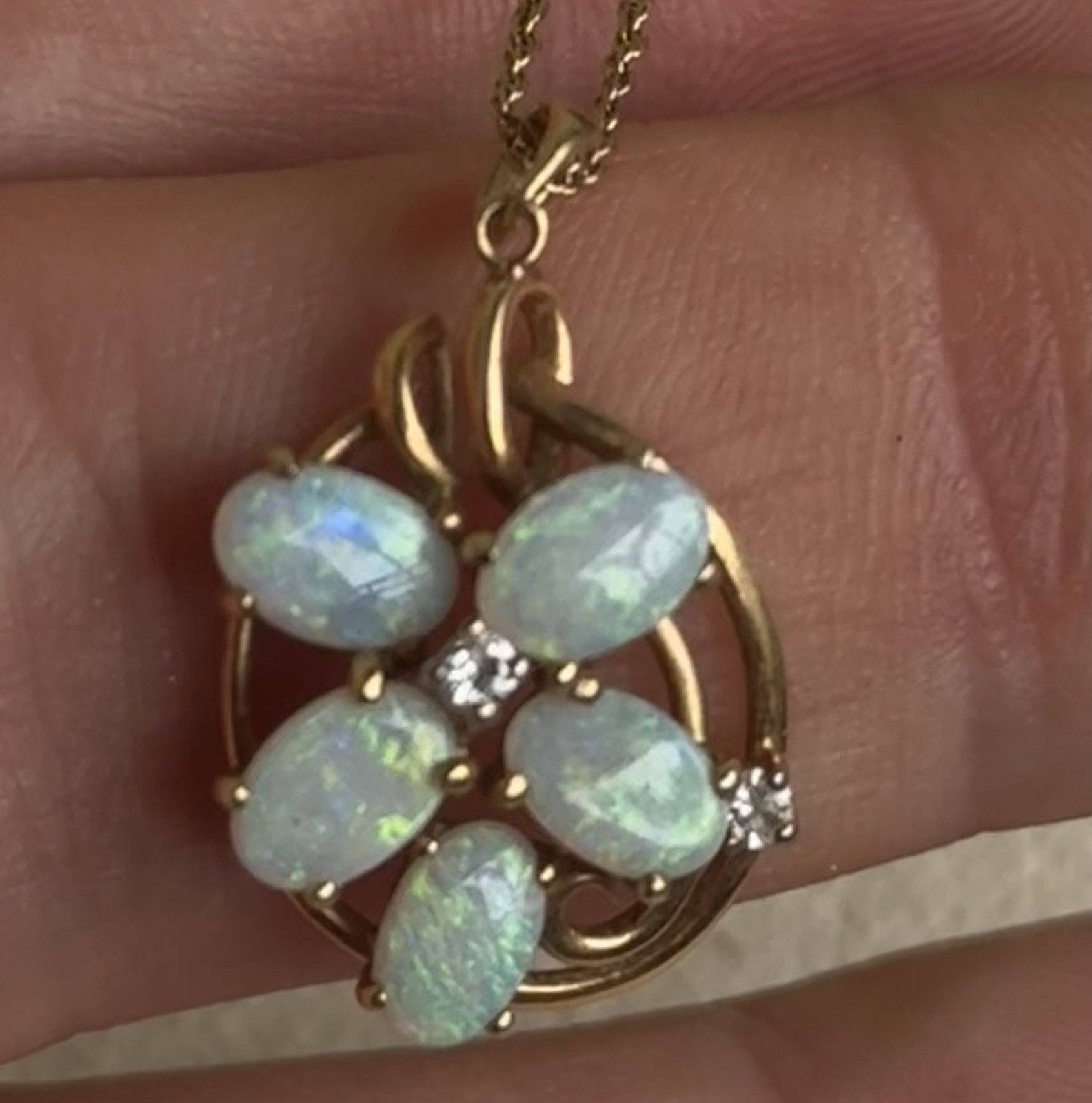 14K Solid Yellow Gold Flower Opal/Moissanite Pend… - image 17