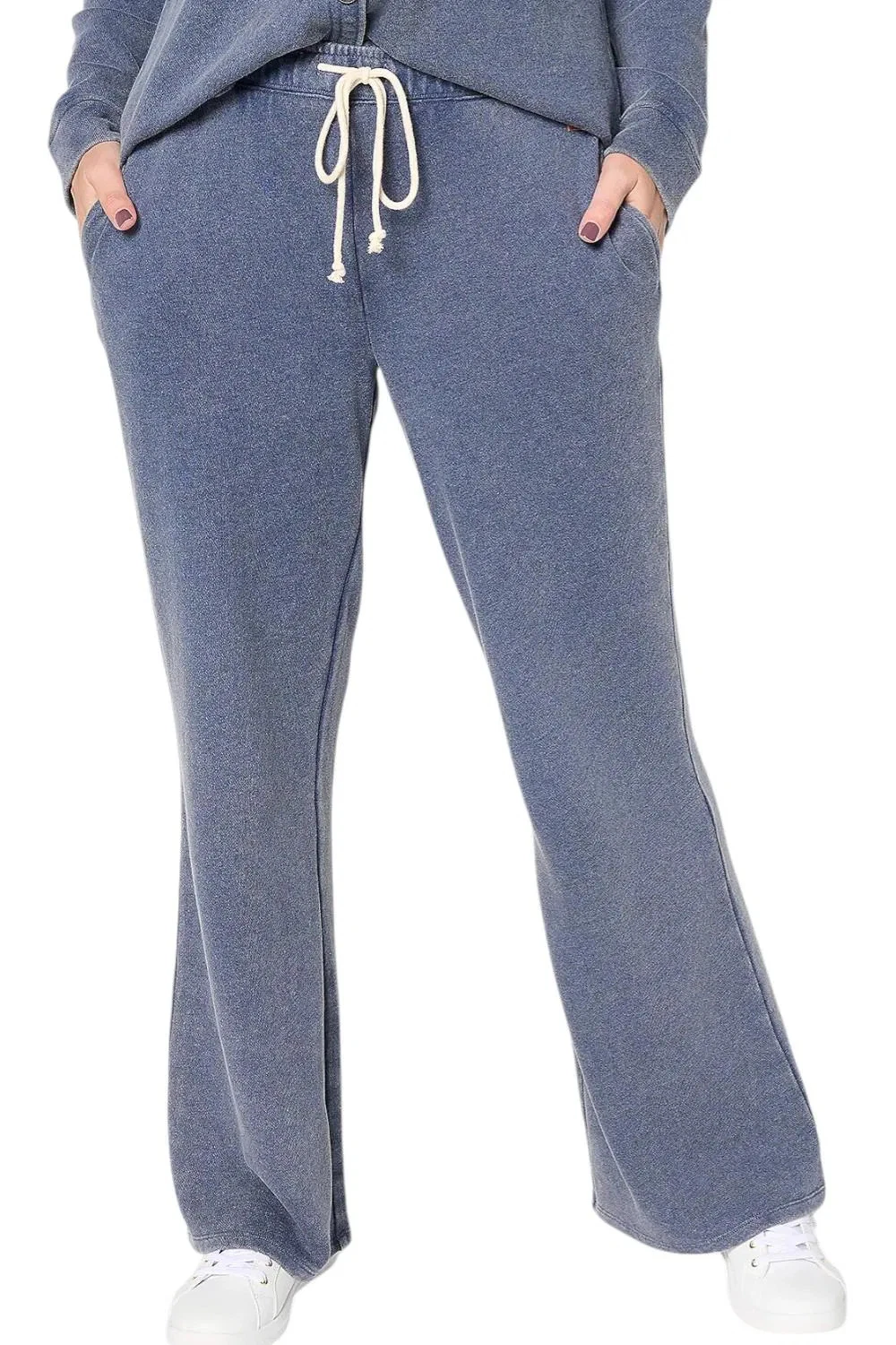 Peace Love World Women's French Terry Full Length Pants Dark Wash